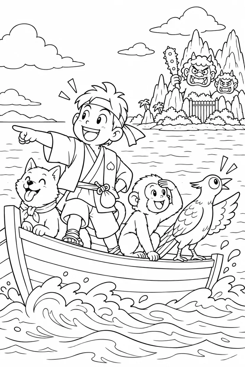 ギャグ桃太郎：桃太郎一行と見えてきた鬼ヶ島の塗り絵