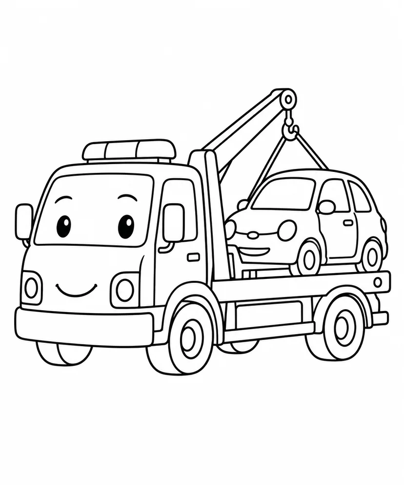レッカー車と小さな車の塗り絵