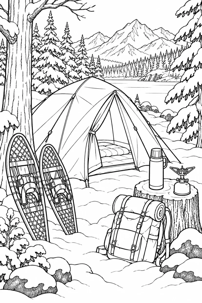 冬の森のキャンプ基地の塗り絵