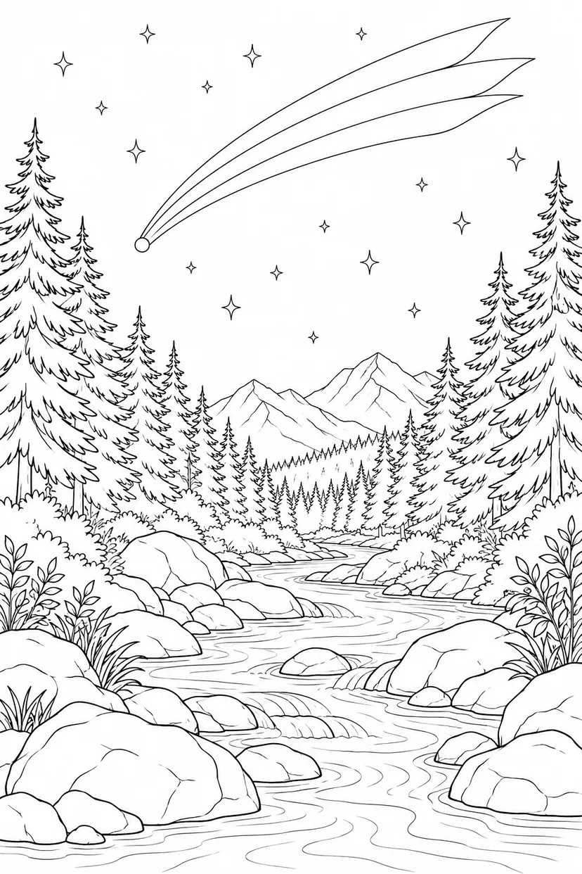 モミの森の渓流と尾をひく彗星の塗り絵