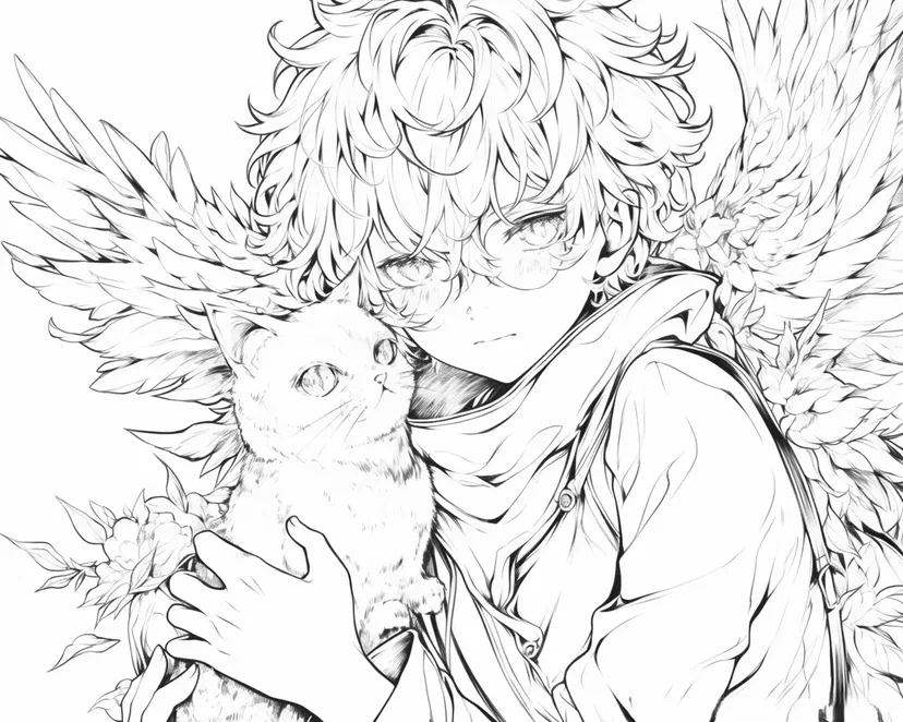 翼のある少年と猫の塗り絵
