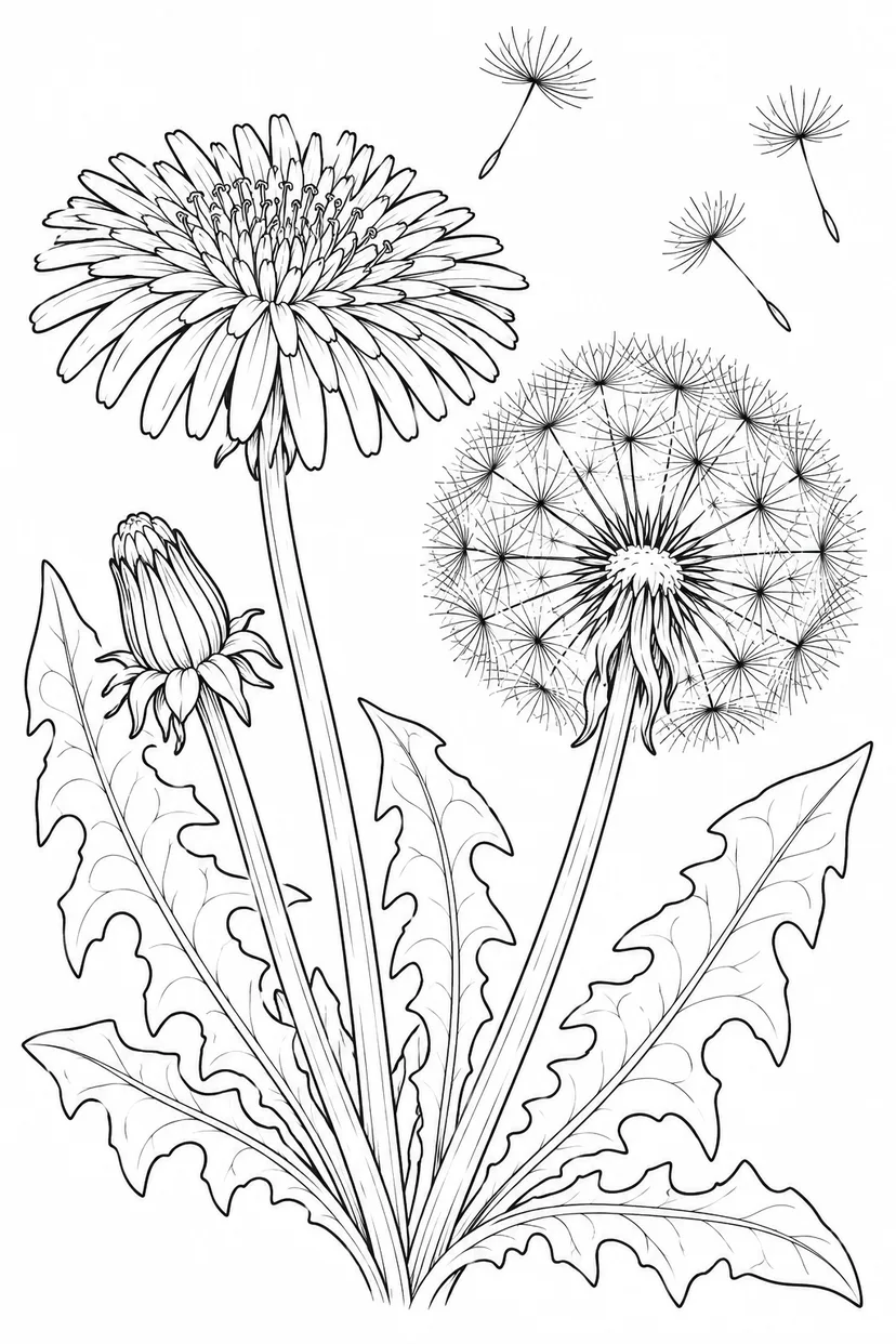 観察スケッチ：タンポポの花と綿毛の塗り絵