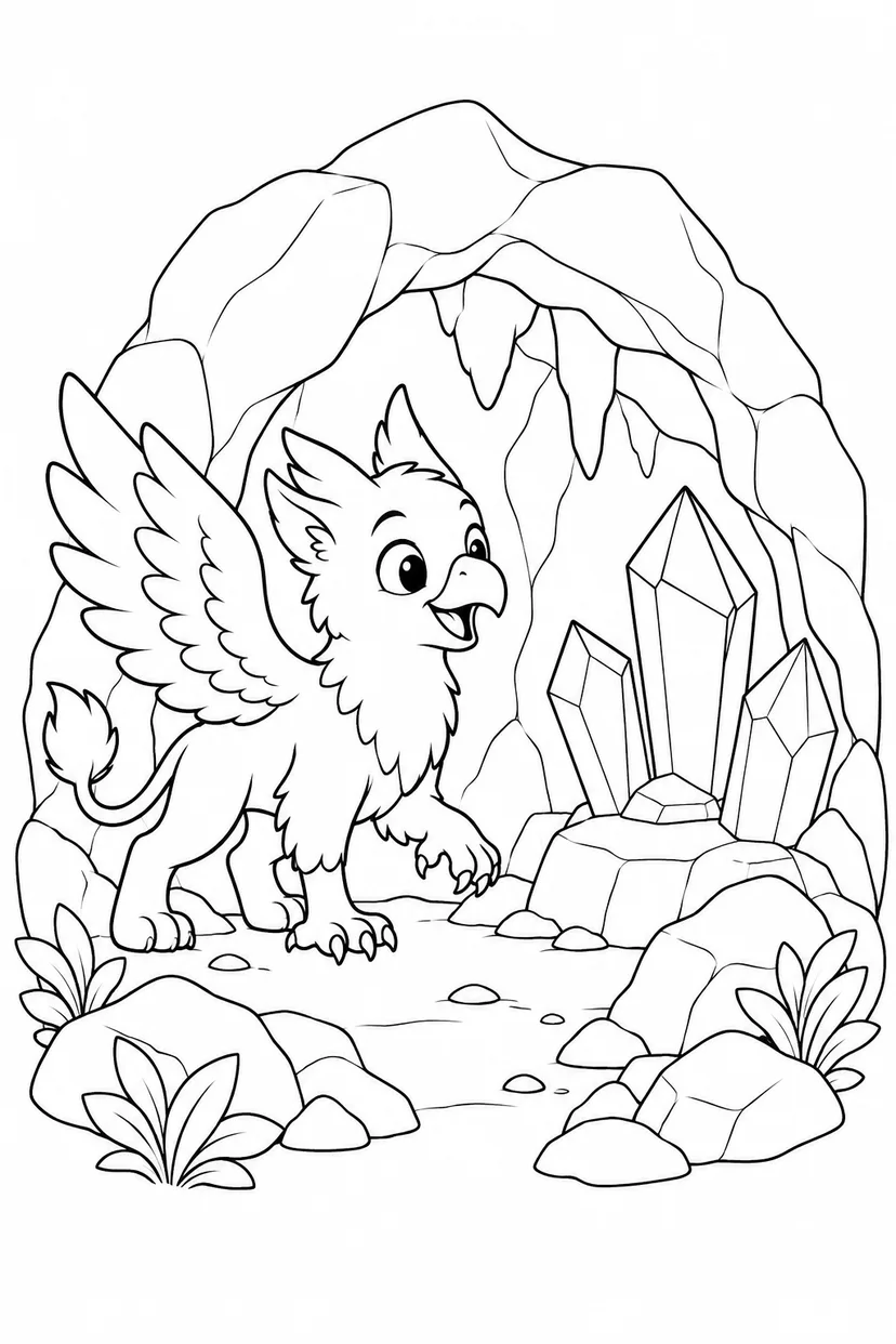 小さなグリフォンと水晶の洞窟の塗り絵