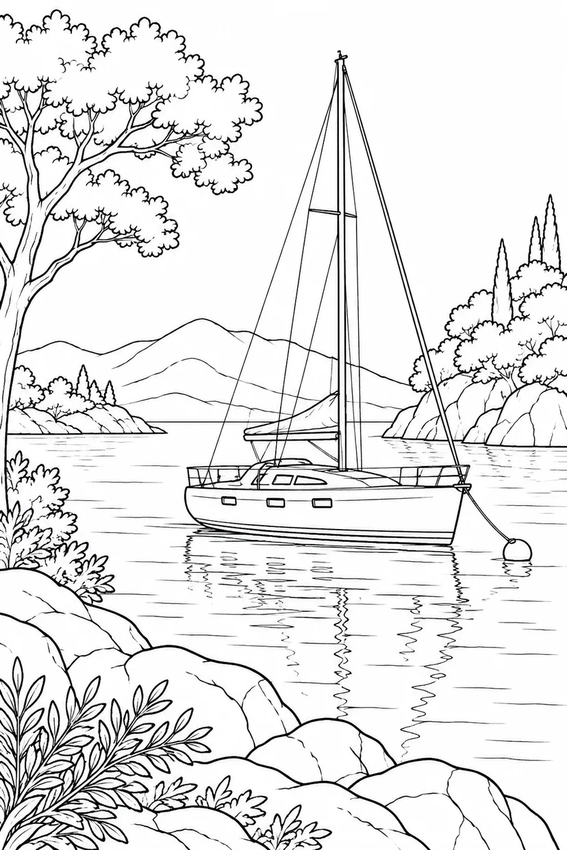静かな湾に停泊するヨットの塗り絵