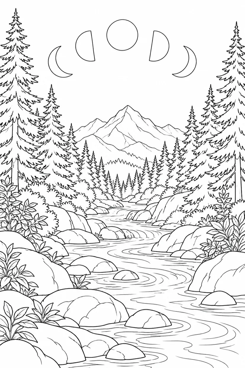 モミの森の渓流と月の満ち欠けの塗り絵