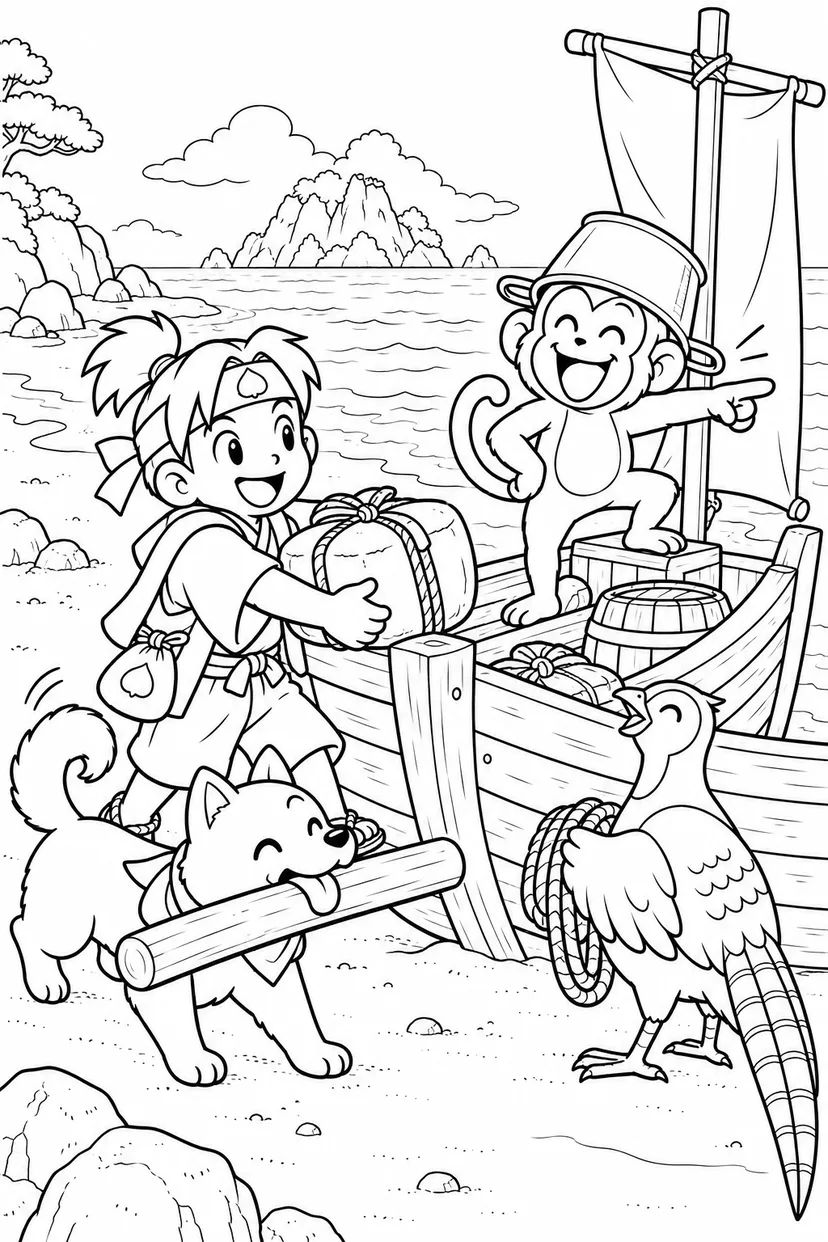 ギャグ桃太郎：桃太郎一行と海辺の舟の塗り絵