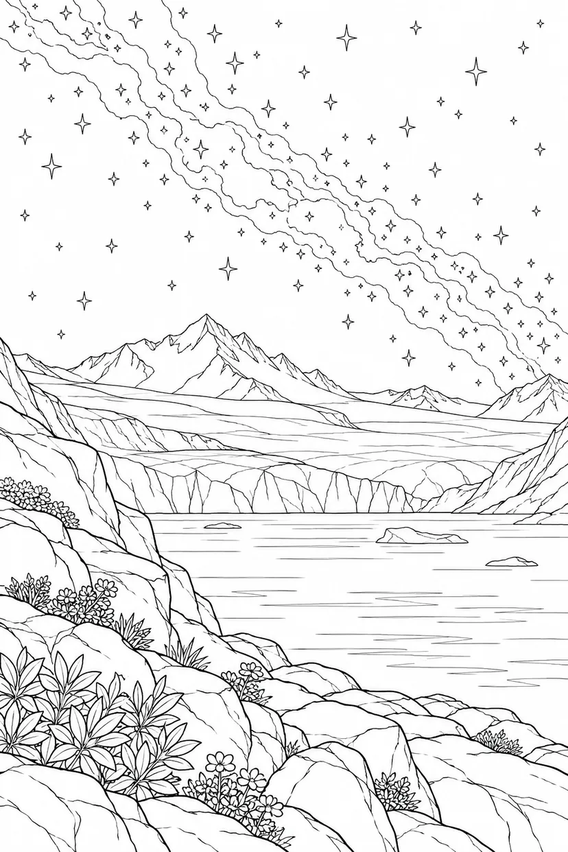 氷河と岩の岬と天の川の塗り絵