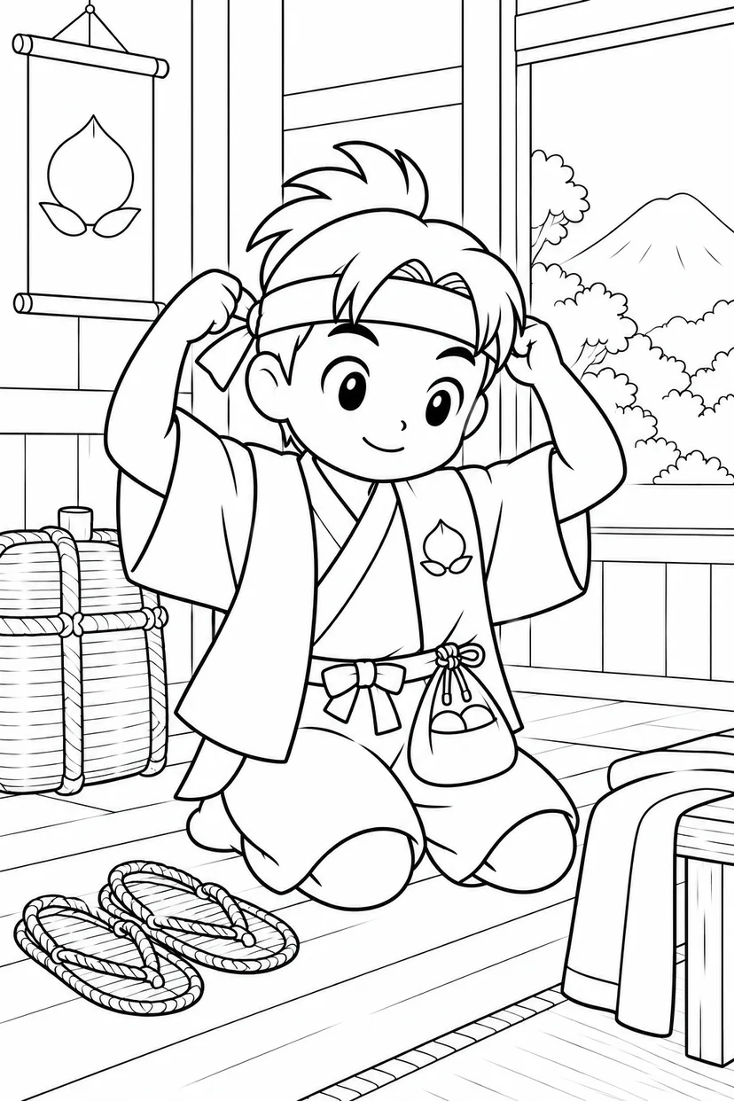 ほっこり桃太郎：桃太郎の旅支度の塗り絵