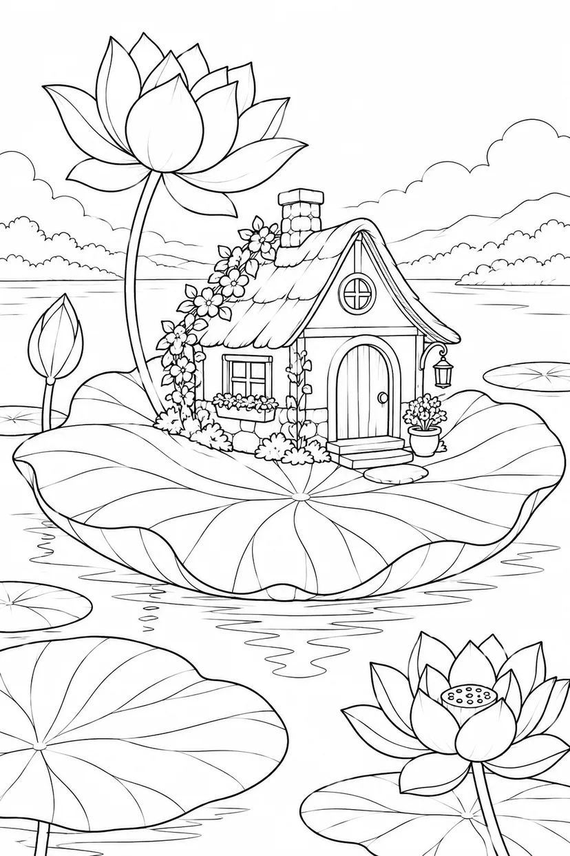 巨大な蓮の葉の上の小屋の塗り絵