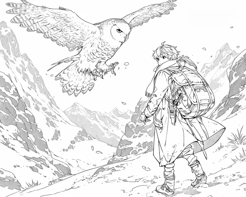 山の旅人とフクロウの塗り絵