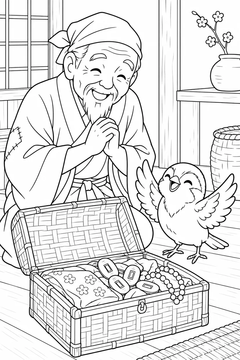 したきりすずめ：つづらからこぼれる宝ものの塗り絵