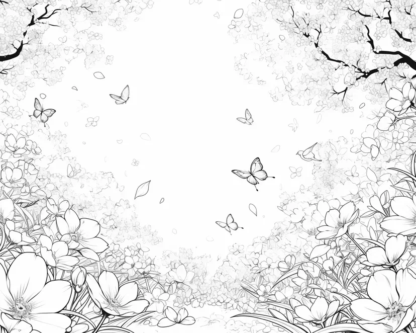 蝶と桜の舞い散る風景の塗り絵