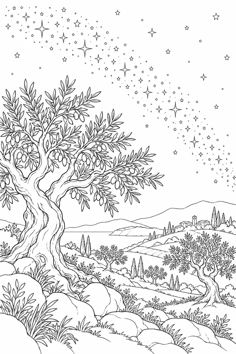オリーブの丘と天の川の塗り絵