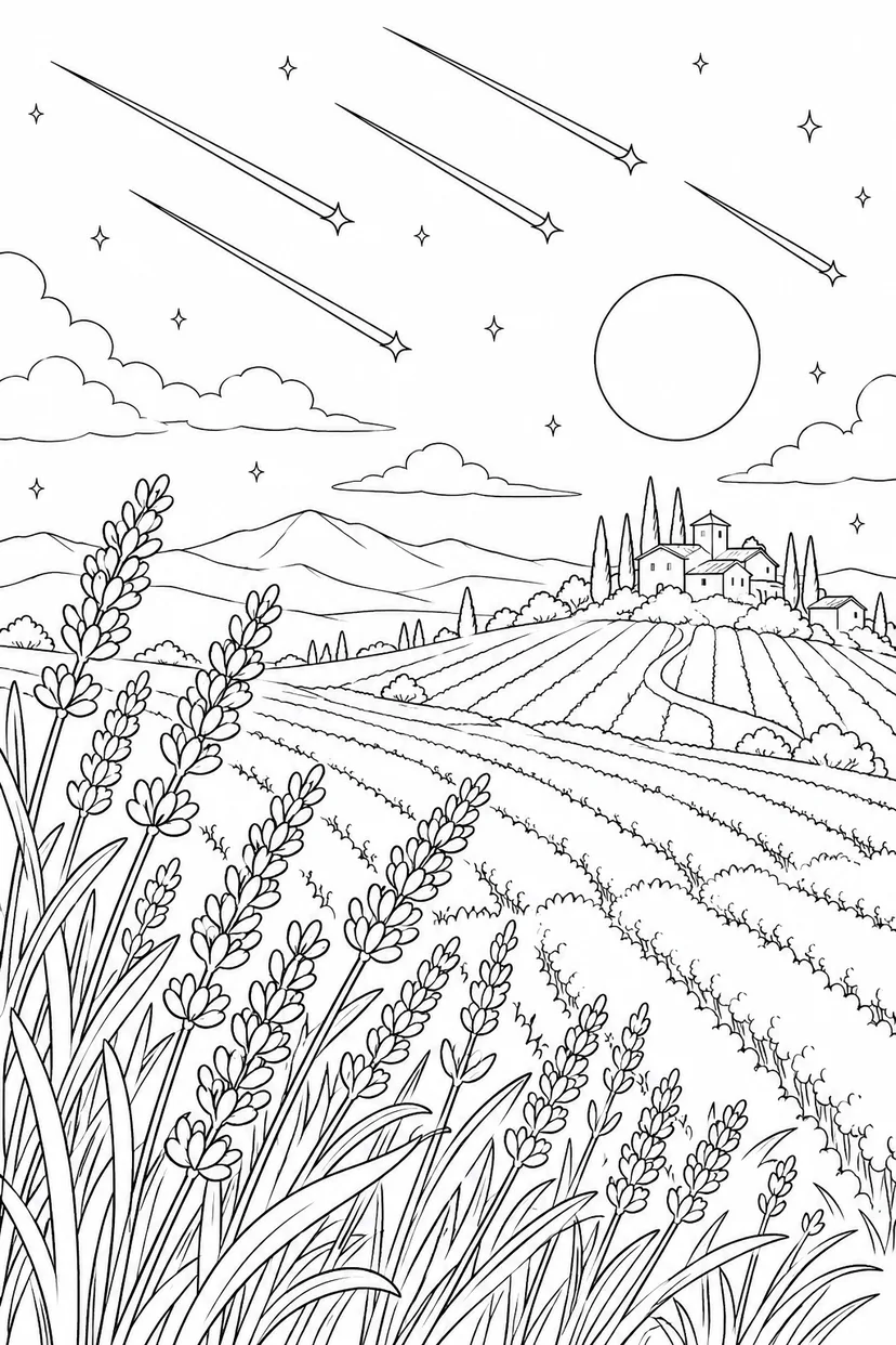 ラベンダーの丘と流星群の塗り絵