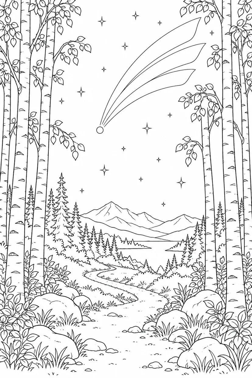 白樺林の小道と尾をひく彗星の塗り絵