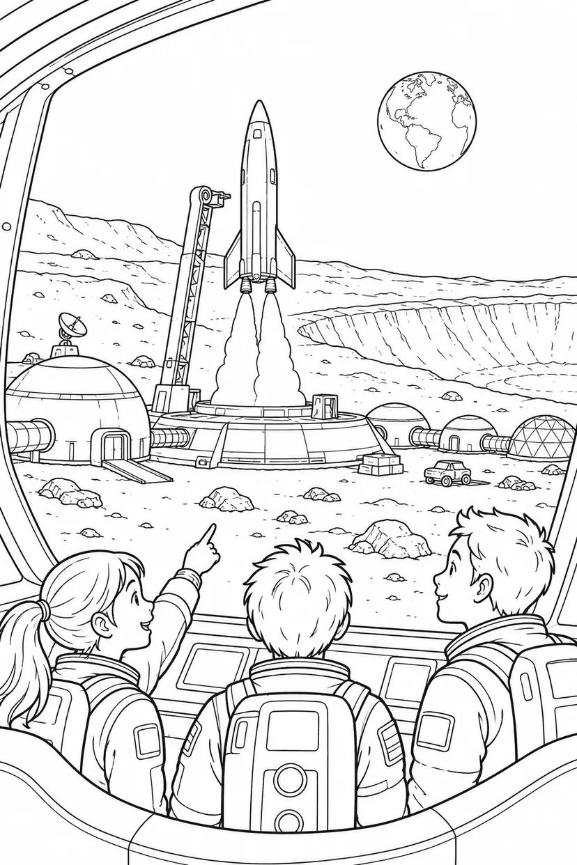 月のクレーター基地：小型宇宙船の発進の塗り絵