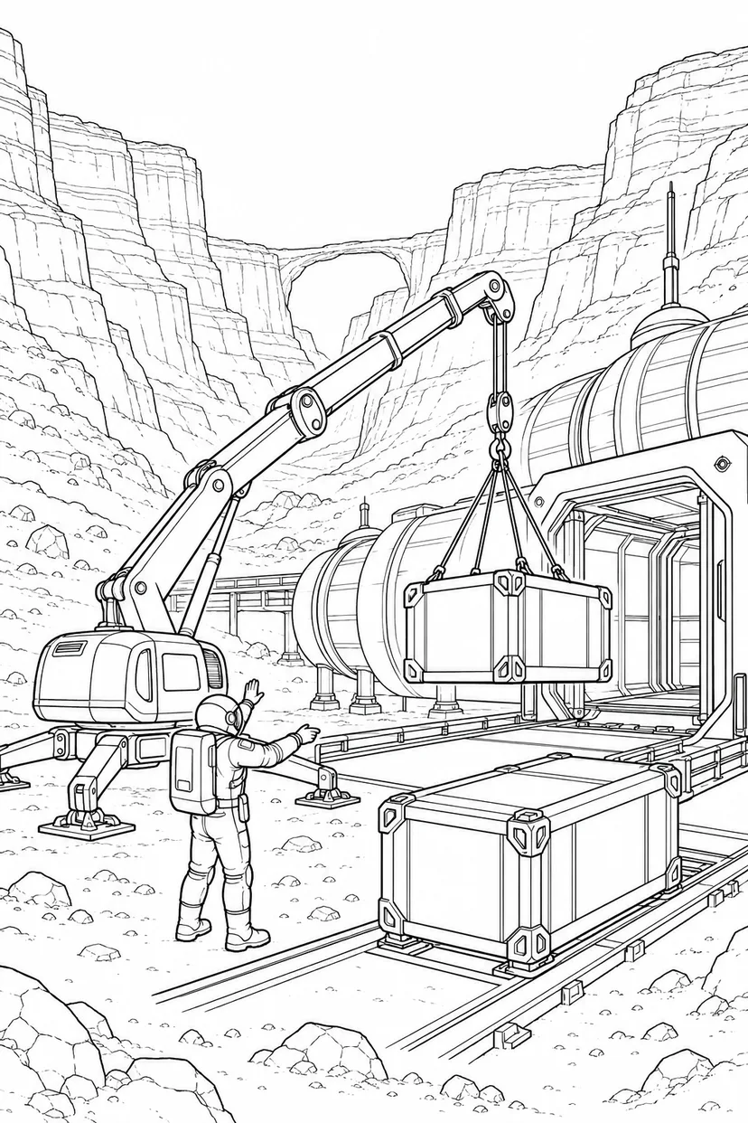火星の峡谷基地：コンテナを運ぶクレーンの塗り絵