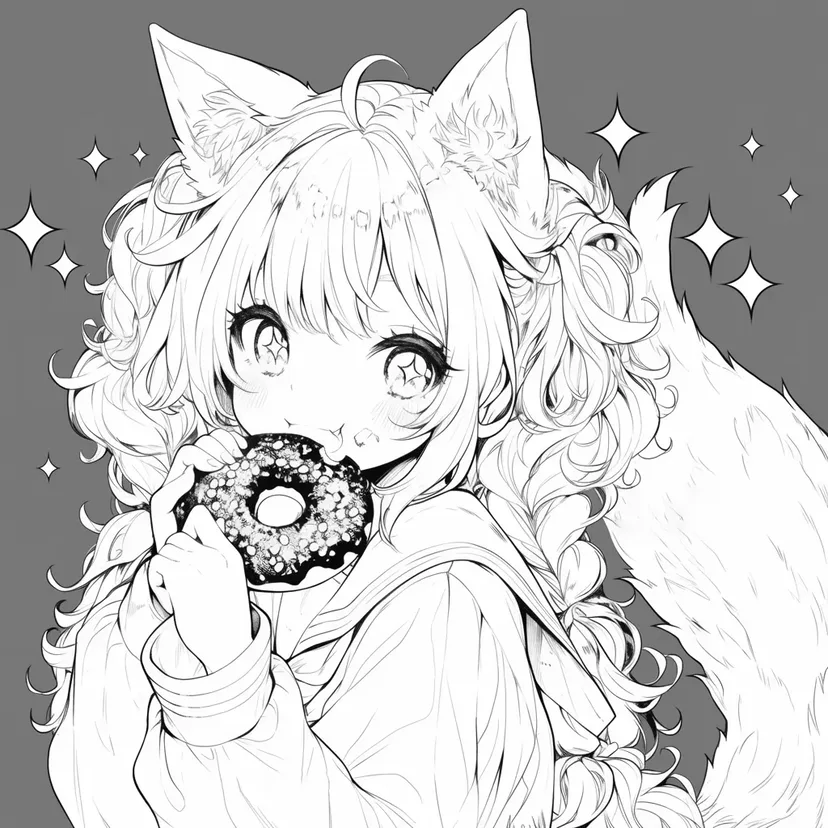 キツネ耳の少女とドーナツの塗り絵