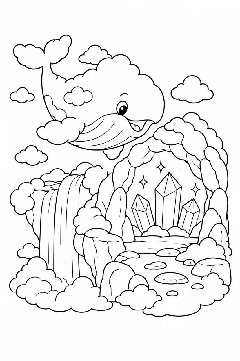 雲のクジラと水晶の洞窟の塗り絵