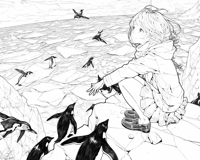 氷の上の少女とペンギンたちの塗り絵