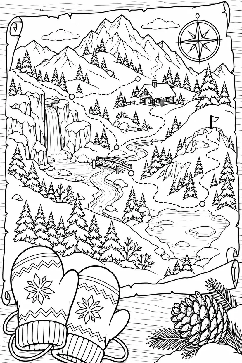 冬の冒険の地図と道具の塗り絵