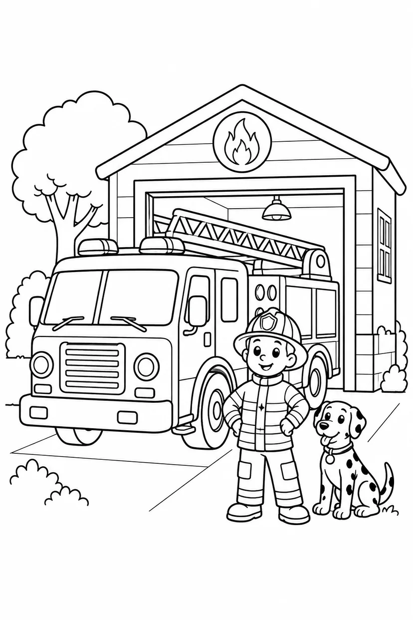 消防車と車庫の塗り絵