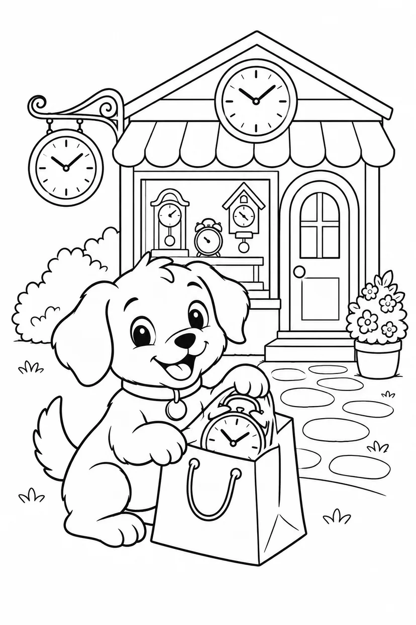 こいぬの時計屋さんのお買い物の塗り絵