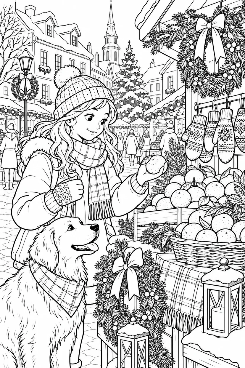冬の広場の季節市の塗り絵