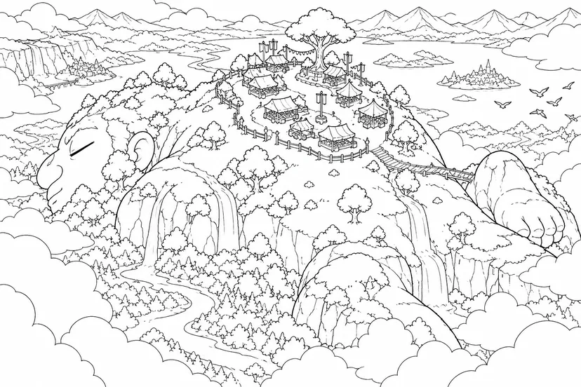 眠る山の背中の朝市の塗り絵