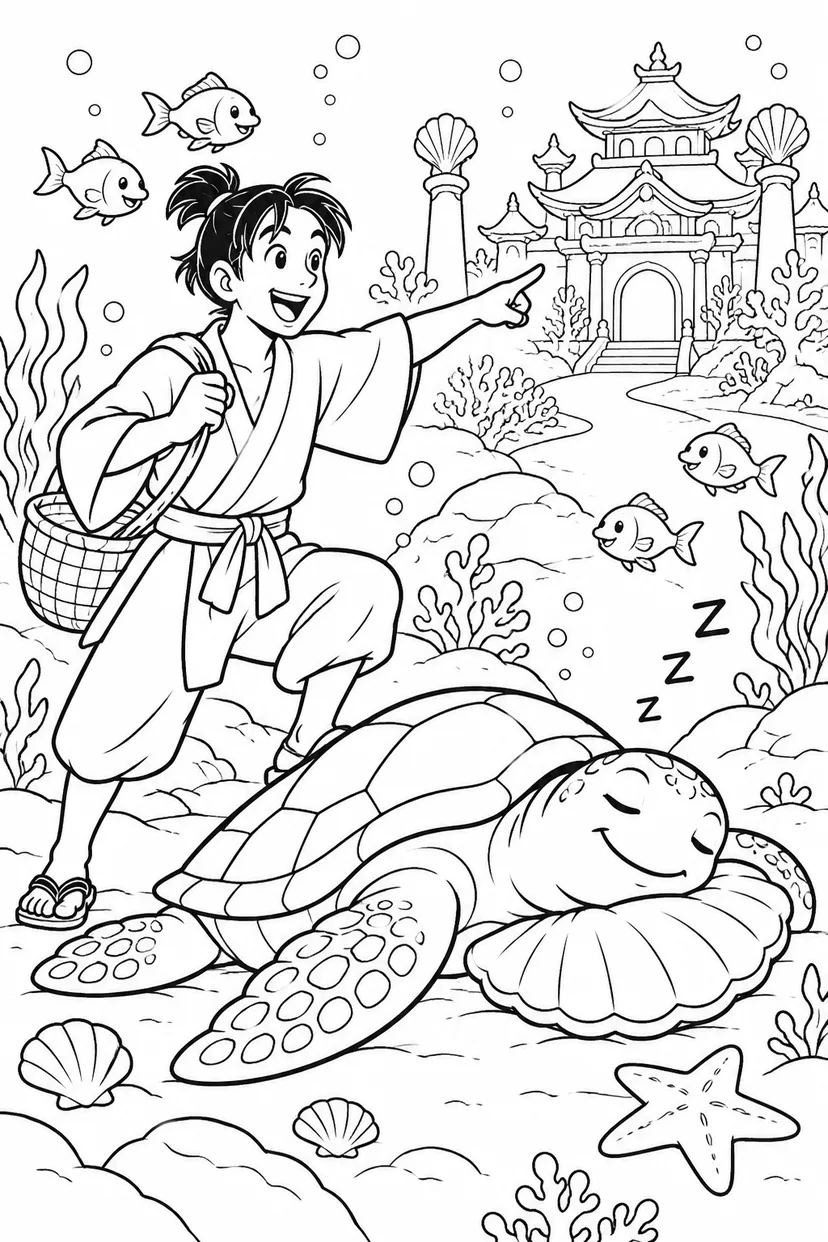 浦島太郎：出発前に亀がお昼寝（ギャグ）の塗り絵