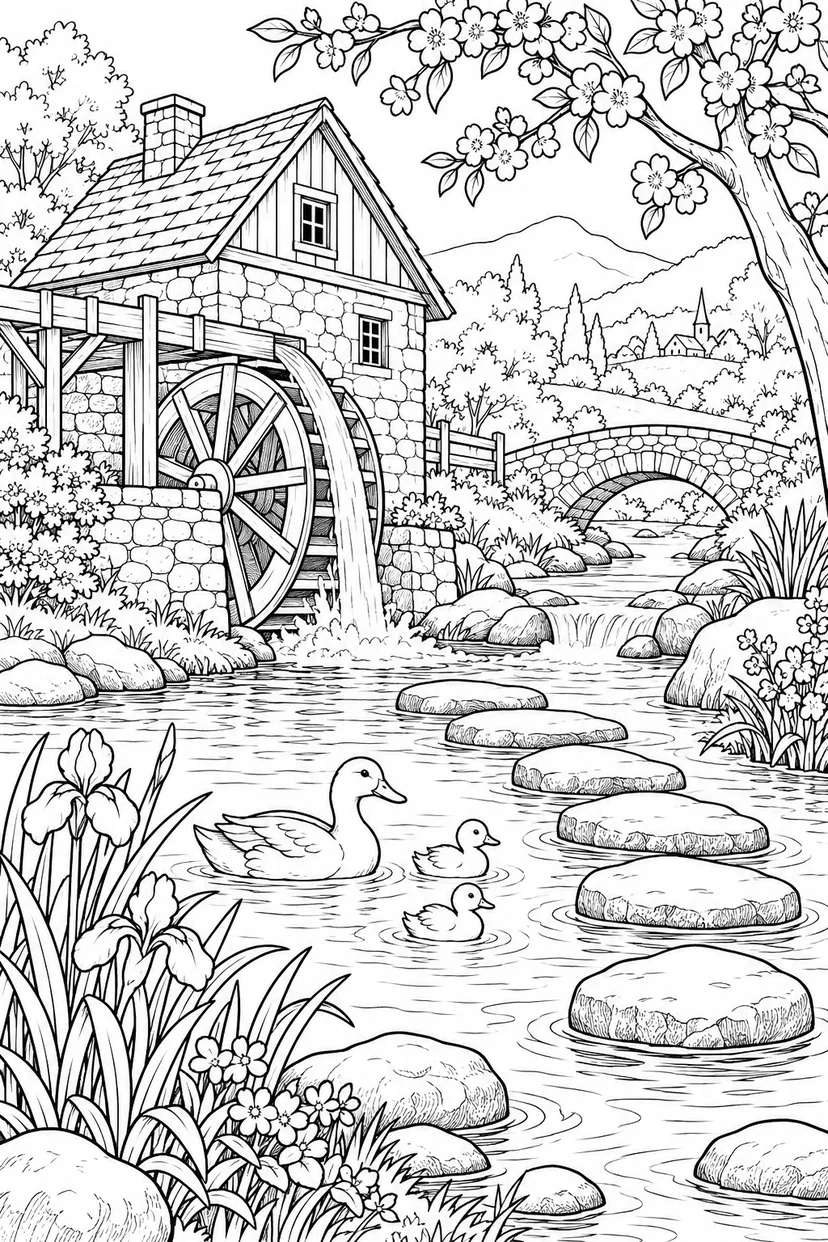 春の水車小屋の小さな川の塗り絵