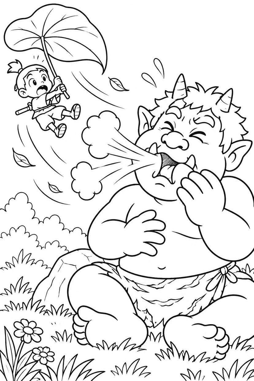 一寸法師・くしゃみの風でひとっ飛びの塗り絵