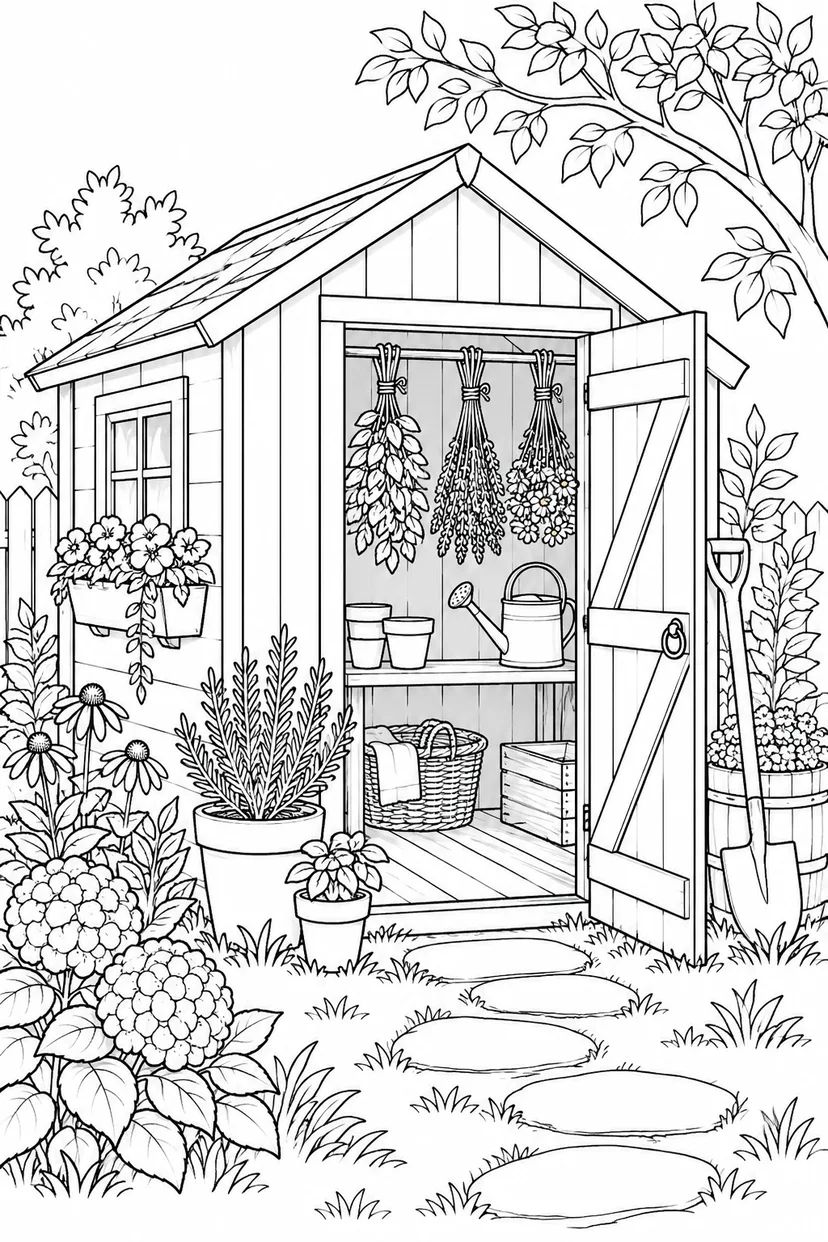 ハーブを干す小さな園芸小屋の塗り絵