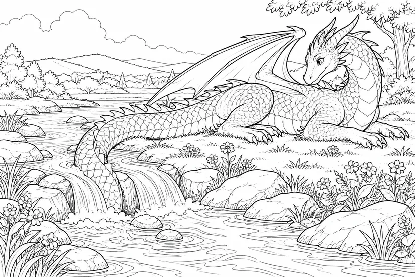 Dibujo de Cola de dragón sobre una pequeña cascada para colorear