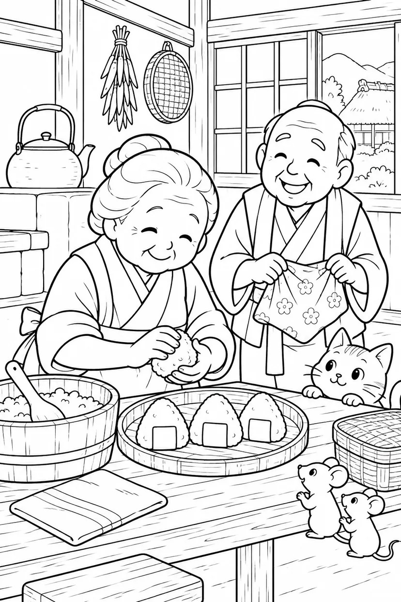 おむすびころりん・ほっこり：おむすびの支度の塗り絵