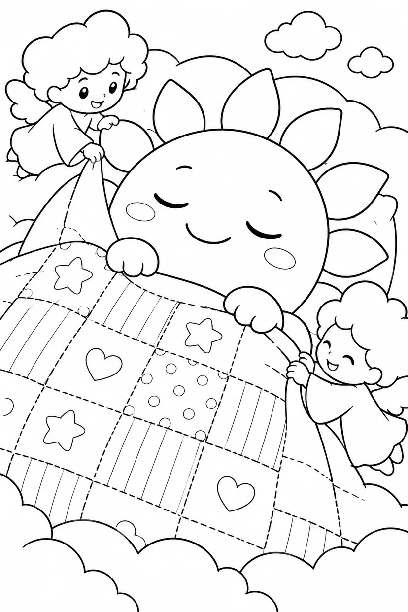 おひさまにおふとんの塗り絵