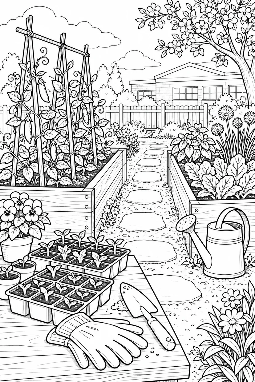 春の学校の菜園づくりの塗り絵