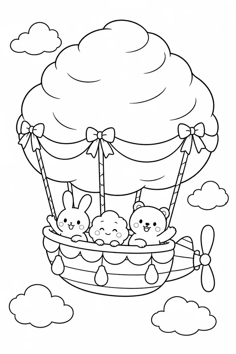 わたあめのふわふわ飛行船の塗り絵
