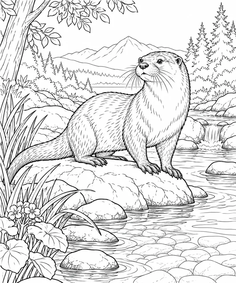 自然のひとこま：カワウソと浅い小川の塗り絵