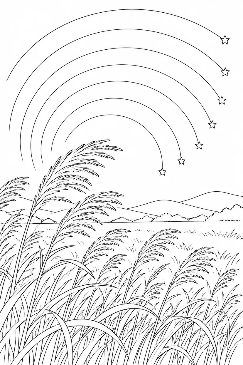 ススキの草原と星の軌跡の塗り絵