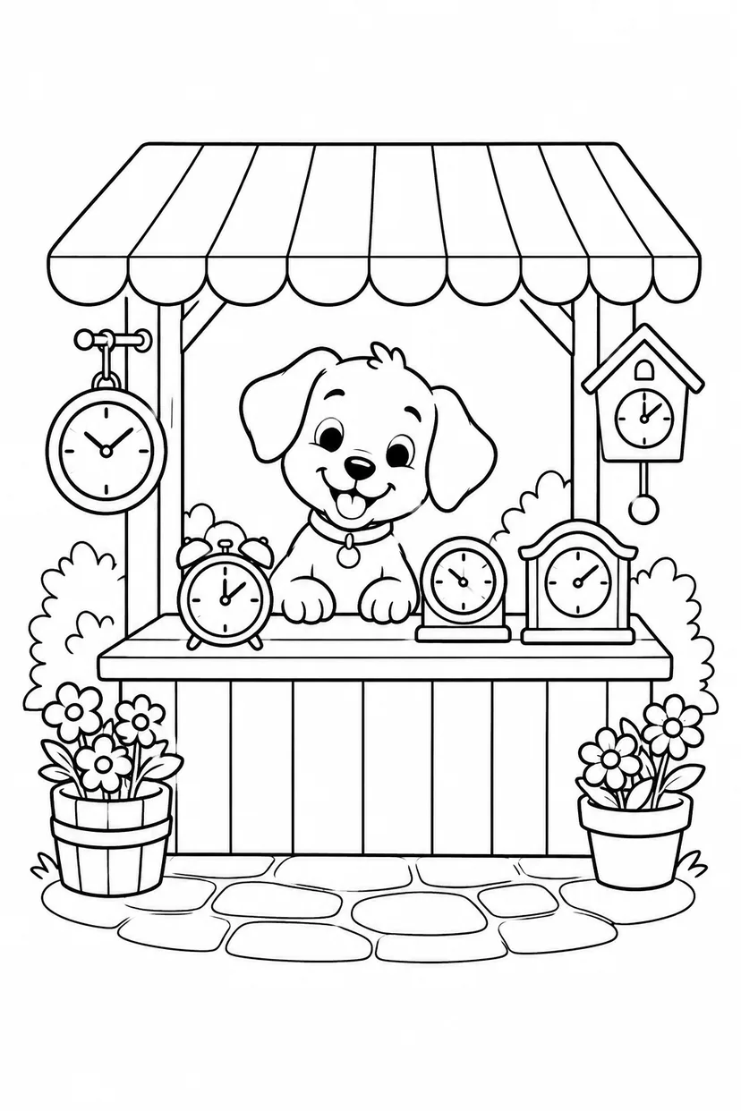 こいぬの時計屋さんの屋台の塗り絵