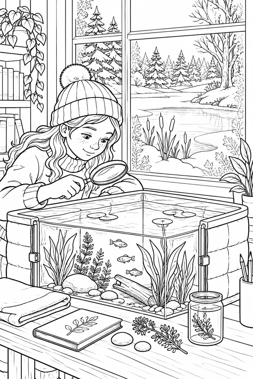 冬の水辺の観察ボックスの塗り絵