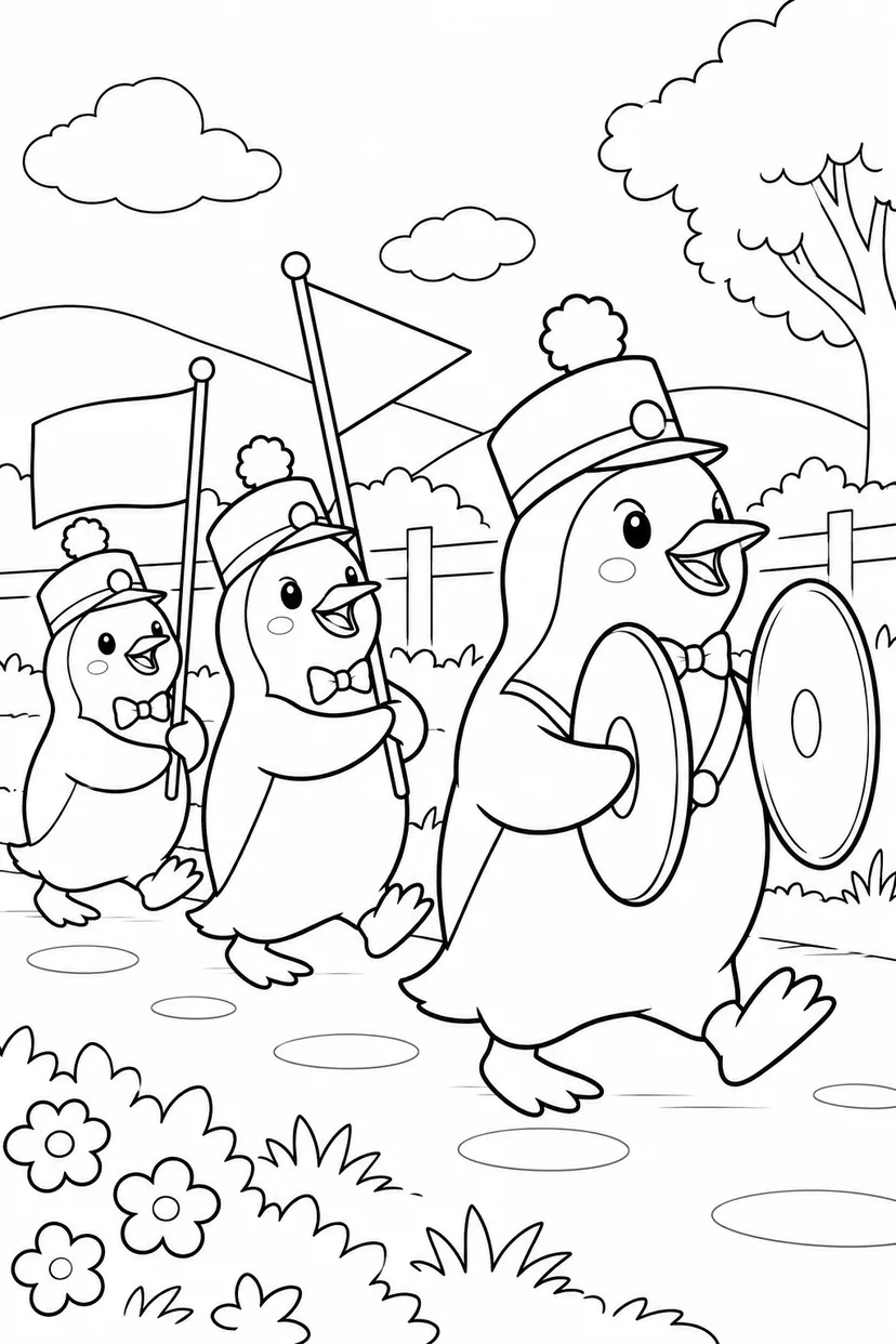 ペンギンのシンバル行進の塗り絵