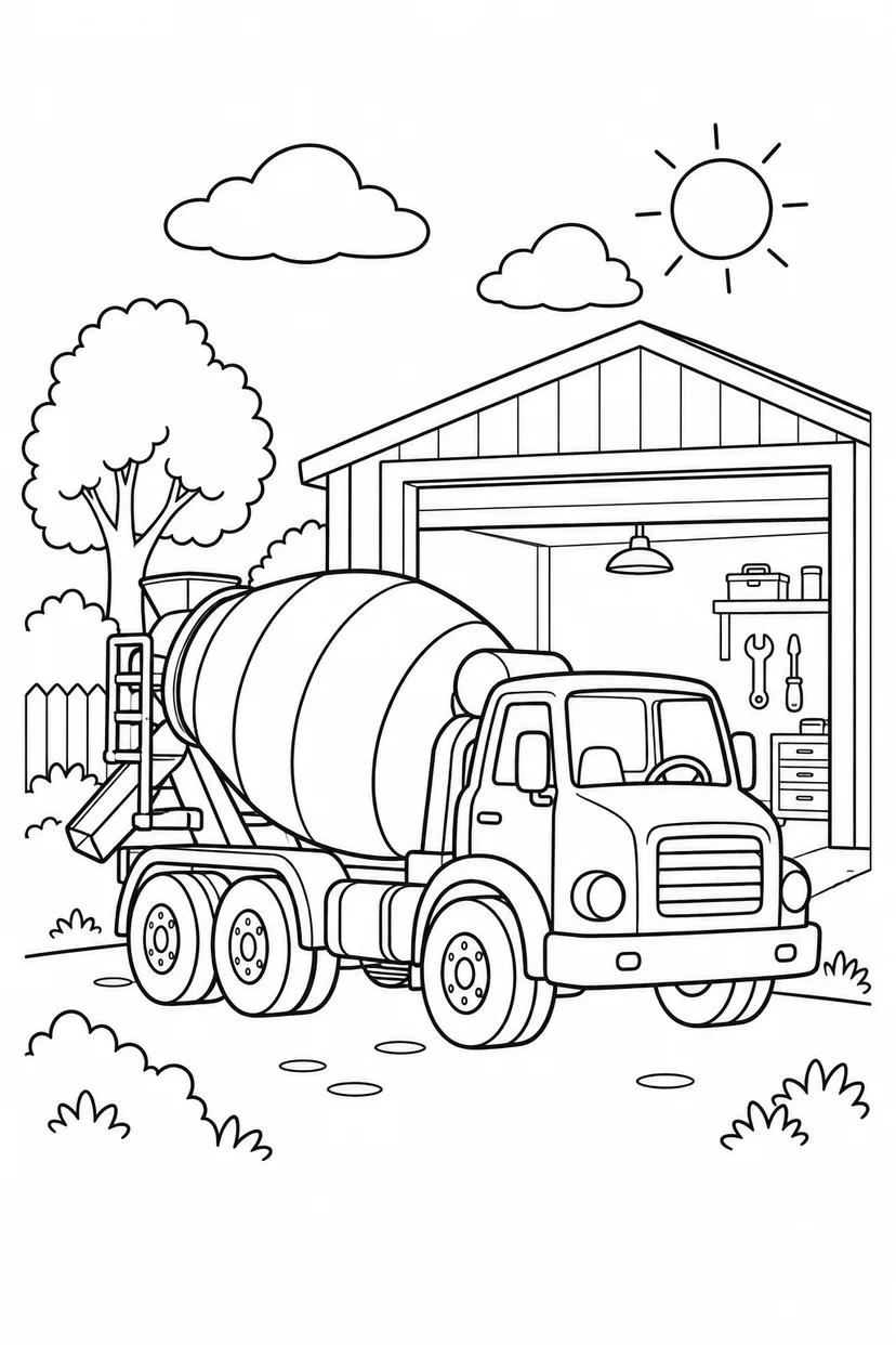 コンクリートミキサー車と車庫の塗り絵