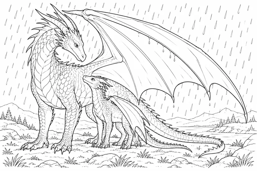 Coloriage Petit dragon sous une grande aile