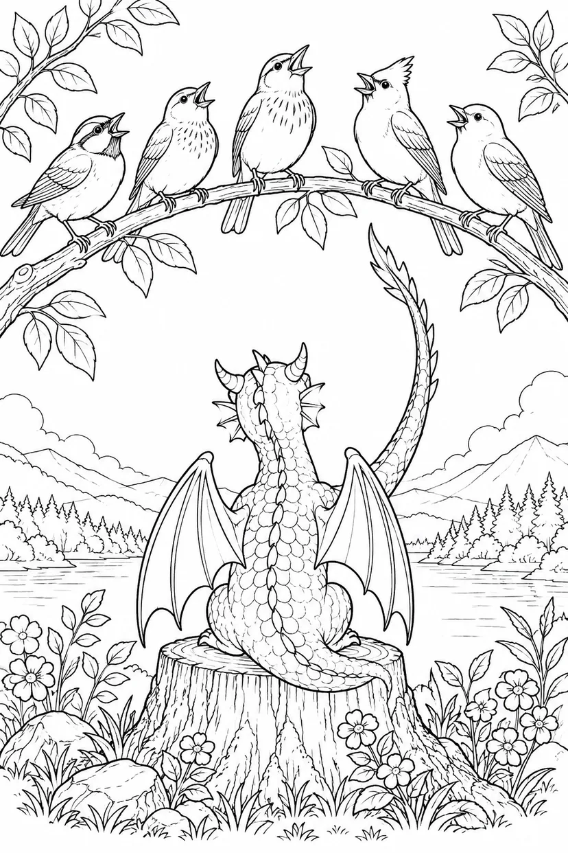 尾を振って小鳥を指揮する竜の塗り絵