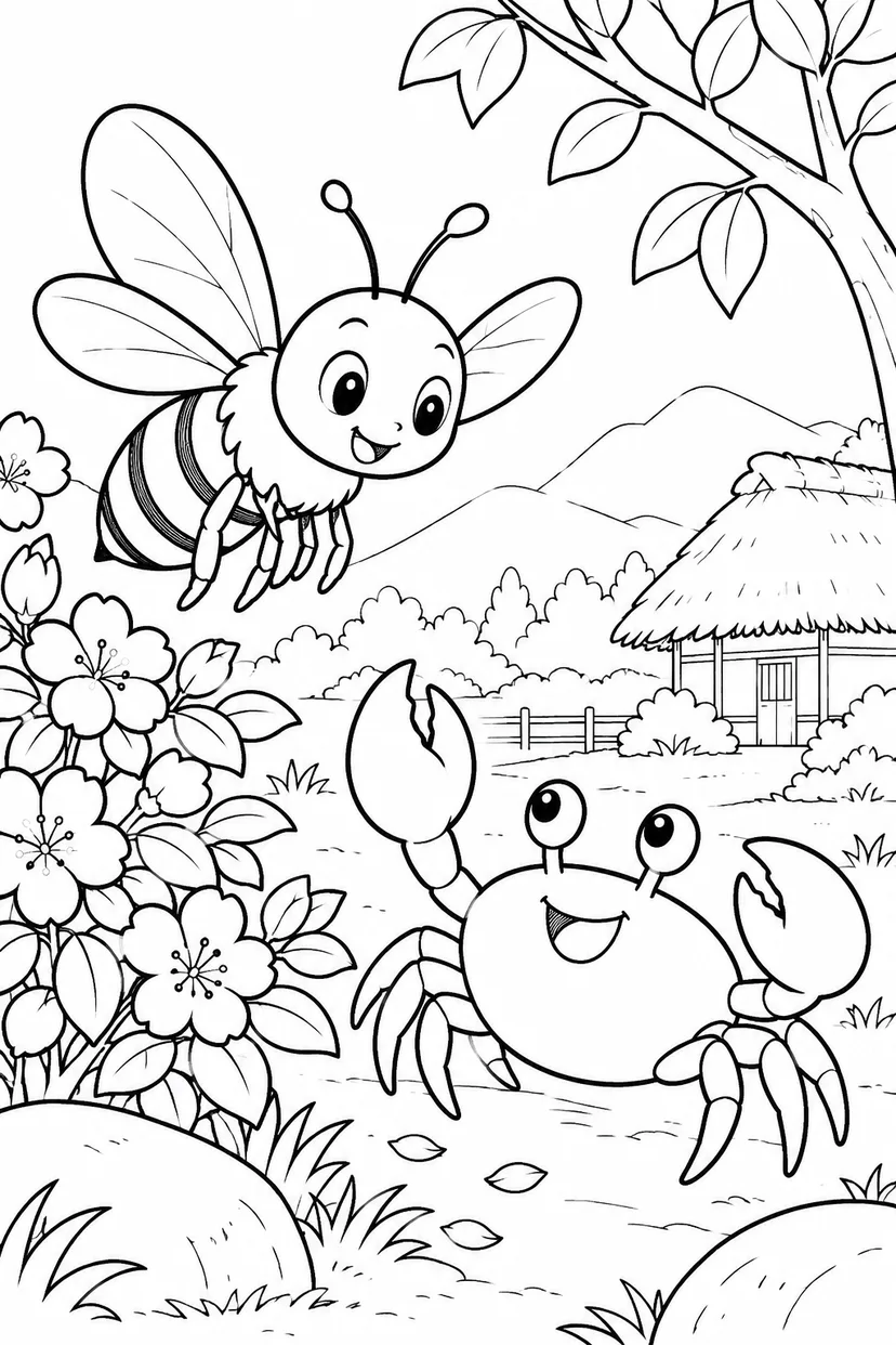 さるかに合戦 ほっこり：かにと蜂の出会いの塗り絵