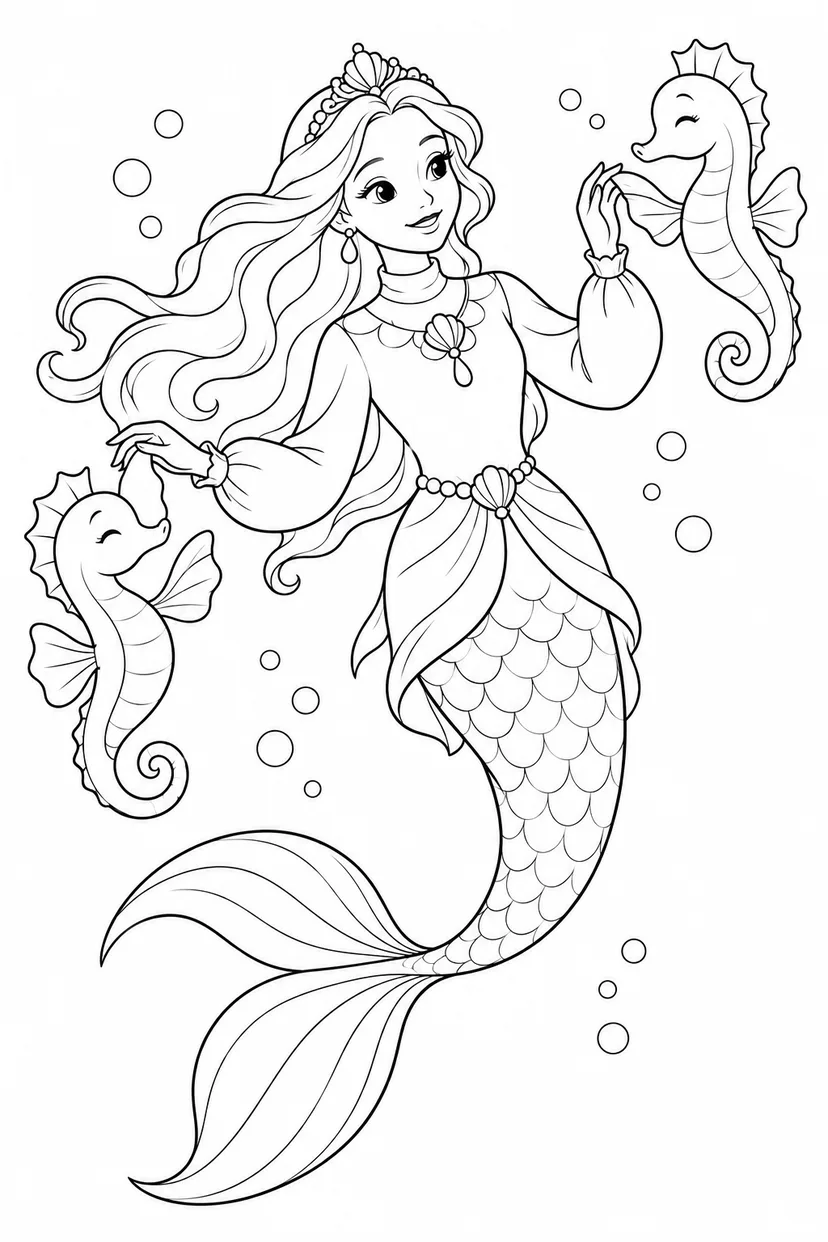 人魚姫：タツノオトシゴとのゆったりダンスの塗り絵