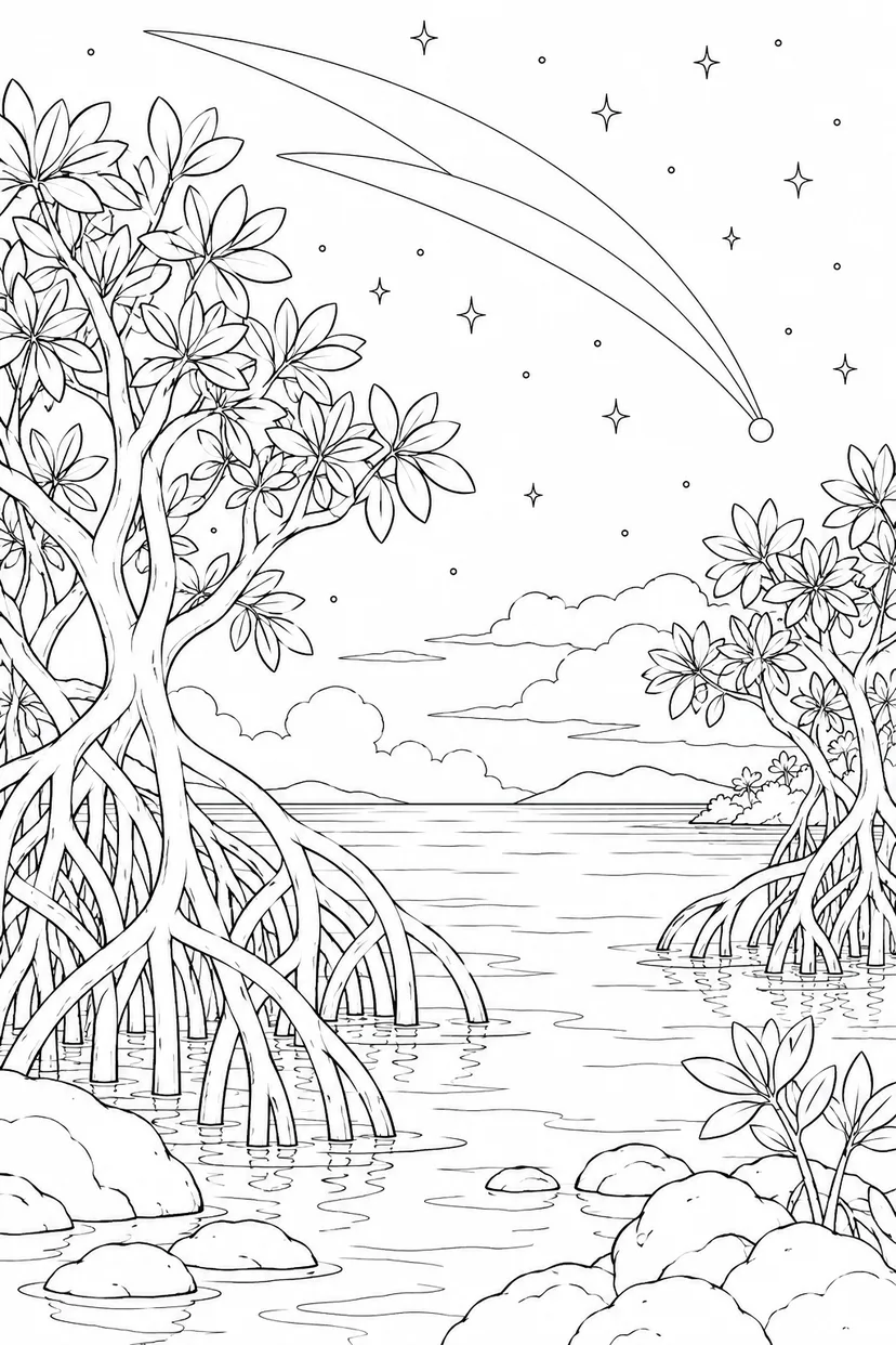 マングローブの入り江と尾をひく彗星の塗り絵