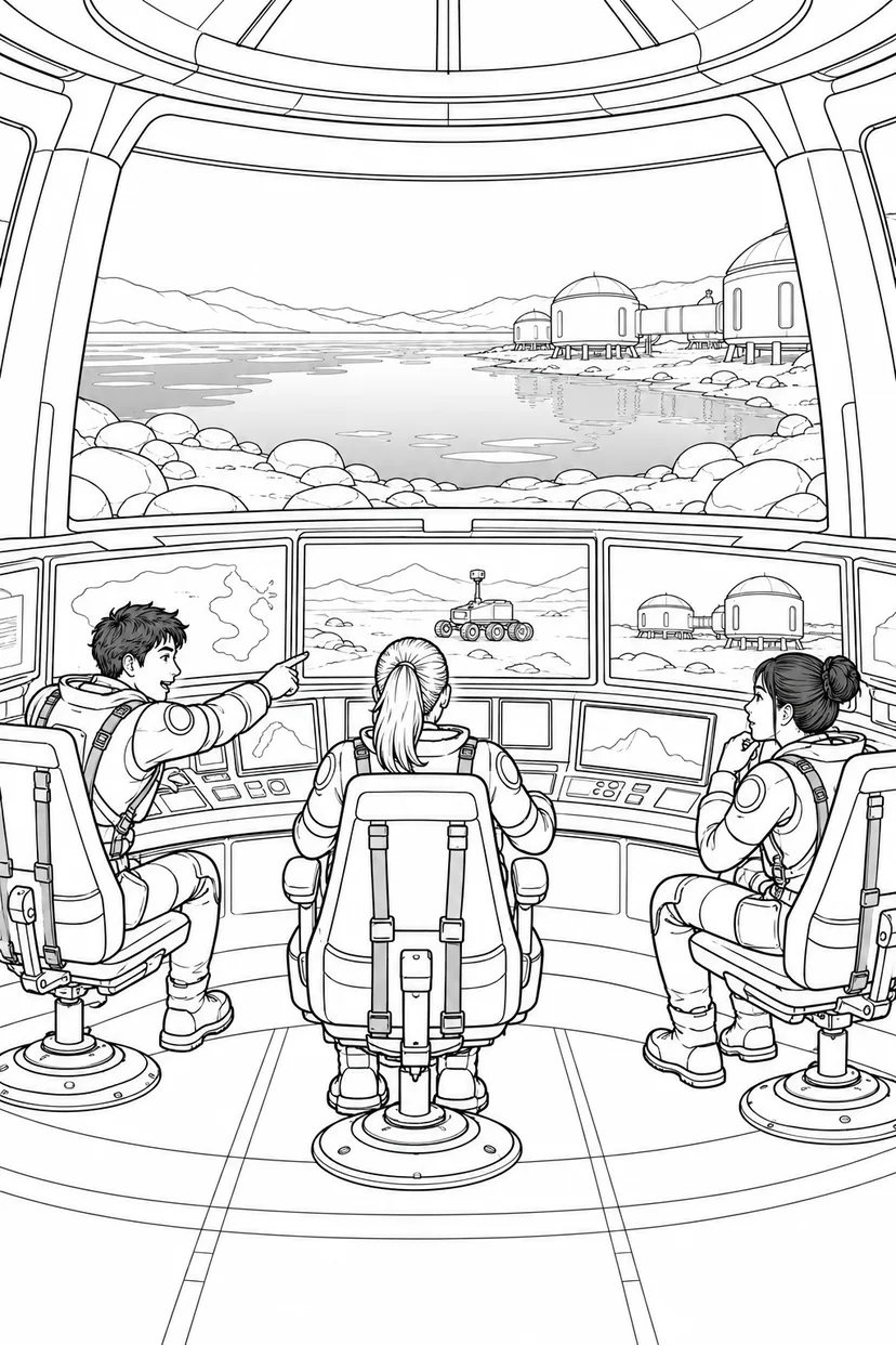タイタンの湖畔基地：探査を見守る管制室の塗り絵